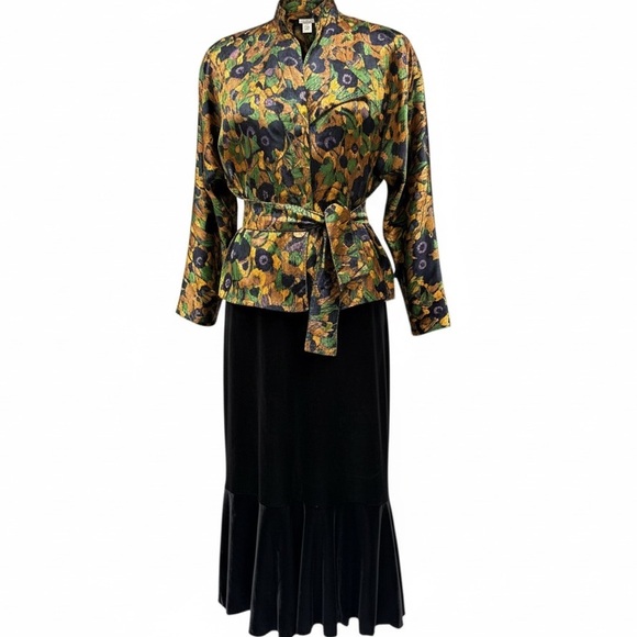 Vintage Floral Belted Blazer Black Gold Green Purple Lapel Flap Crop Blazer EUC - Picture 7 of 10